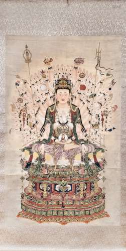 CHINESE SCROLL PAINTING OF 1000 ARM GUAN YIN