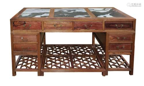 CHINESE HARD WOOD DESK WITH MARBLE INSETS