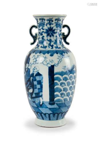 BLUE AND WHITE FIGURE HANDLED VASE