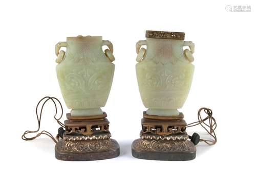 PAIR OF JADE VESSEL LAMPS