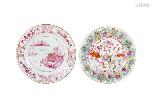 PAIR OF FAMLLE ROSE PATTERNED DISH