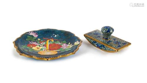 PAIR OF CLOISONNE ITEMS, DISH AND BLOTTER