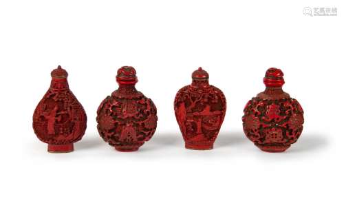 GROUP OF FOUR CINNABAR LACQUER SNUFF BOTTLES