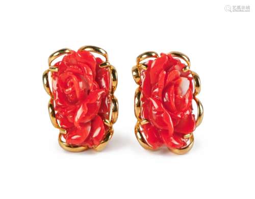 PAIR OF CORAL AND GOLD EARRINGS