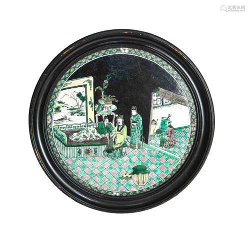 FAMILLE NOIRE PORCELAIN PLATE WITH FRAMED PLAQUE