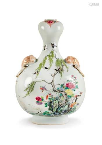 A FAMILLE ROSE  'SWALLOWS' GARLIC MOUTH VASE