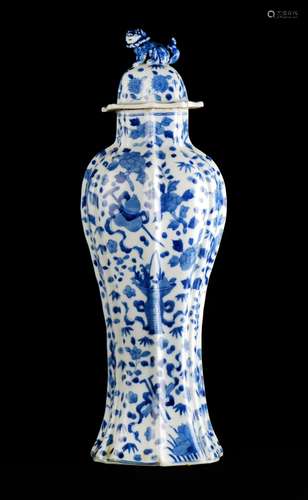 BLUE AND WHITE LIDDED VASE WITH FOO LION FINNIAL