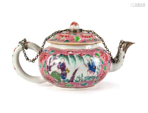 FAMILLE ROSE PATTERN TEA POT WITH SILVER MOUNTED