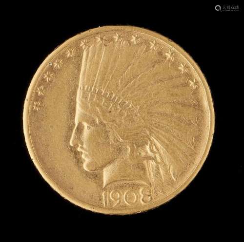 Pièce de 10 Dollars américains datée de 1908 frappée au revers d'