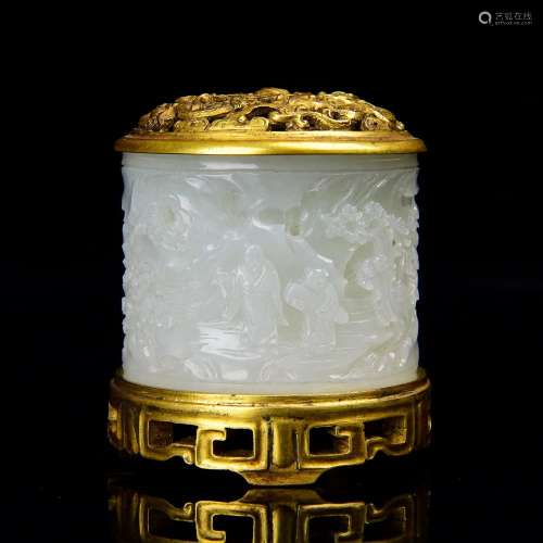 A CARVED WHITE JADE BURNER AND GILT-BRONZE STAND .QING PERIOD