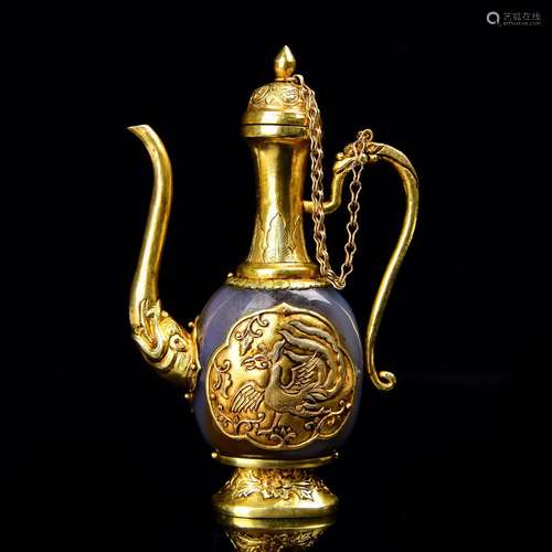 A CARVED AGATE INLAID GILT-BRONZE 'PHOENIX' EWER.ANTIQUE