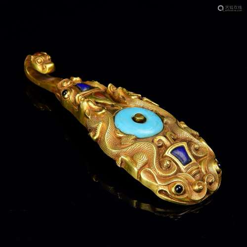 A GEM'S INLAID GILT-BRONZE BELT-HOOK.ANTIQUE