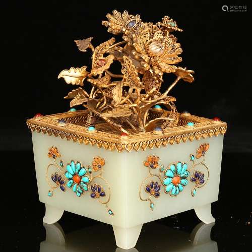 A GEM'S INLIAD WHITE JADE FLOWER POT.ANTIQUE