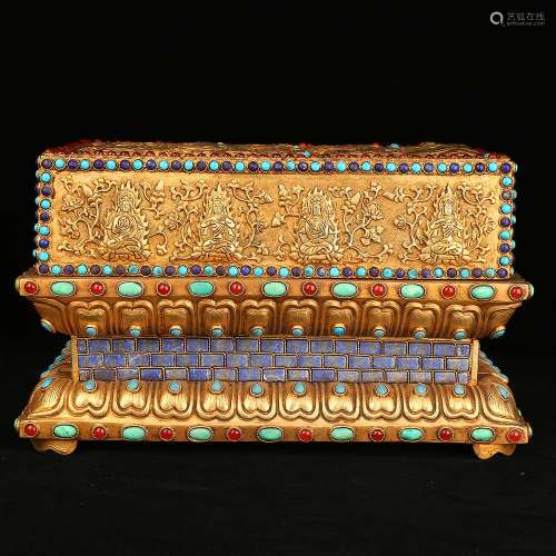 A GEM'S INLAID BUDDHIST SCRIPTURE BOX AND COVER.ANTIQUE