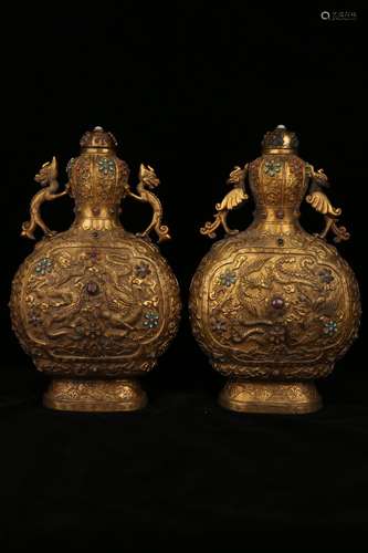 A PAIR OF GEM'S INLAID GILT-BRONZE VASE AND COVER .ANTIQUE