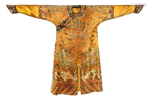 AN IMPERIAL YELLOW EMBROIDERED SILK DRAGON ROBE.QING PERIOD