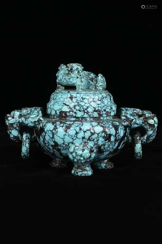 A CARVED TURQUOISE CENSER AND COVER.ANTIQUE