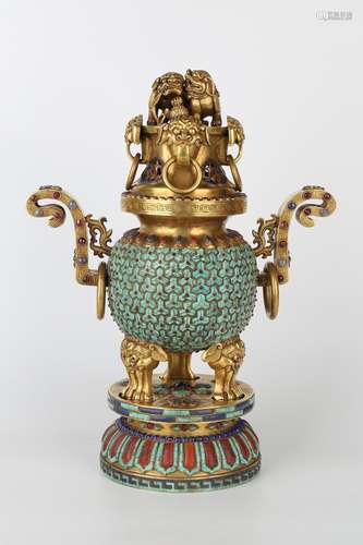 A GEM'S INLAID GILT-BRONZE CENSER AND COVER.ANTIQUE