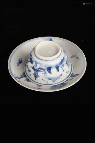 A BLUE AND WHITE CUP AND STAND.ANTIQUE