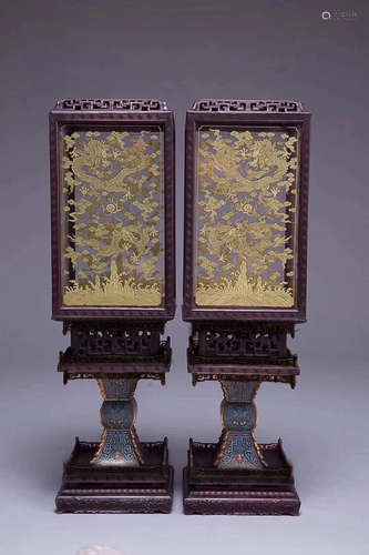 PAIR OF ZITAN WOOD CLOISONNE FLOWER VASE LAMP