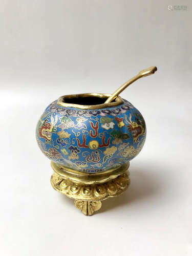 QIANLONG MARK GILT BRONZE BASE WITH CLOISONNE VESSEL