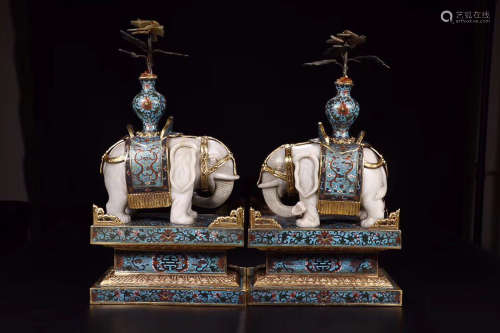 HETIAN JADE AND CLOISONNE ORNAMENT IN PAIR