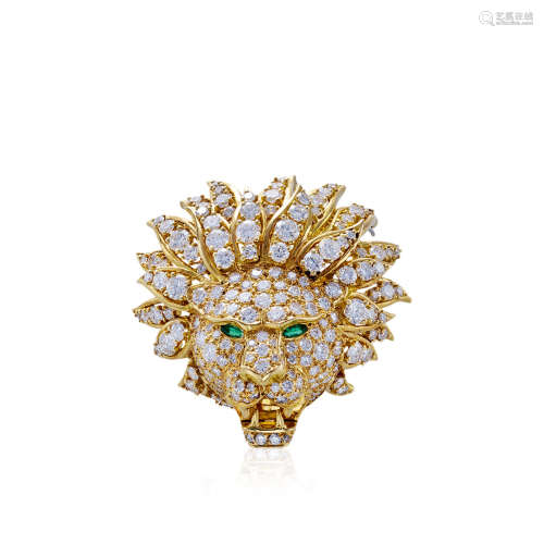 梵克雅宝设计，「狮头」钻石配祖母绿胸针
