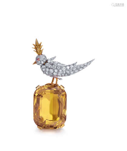 Jean Schlumberger为蒂芙尼设计 黄水晶配钻石及粉色蓝宝石「BIRD ON A ROCK」胸针