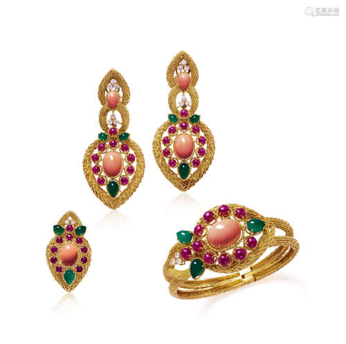 宝诗龙设计 珊瑚配彩色宝石及钻石套装