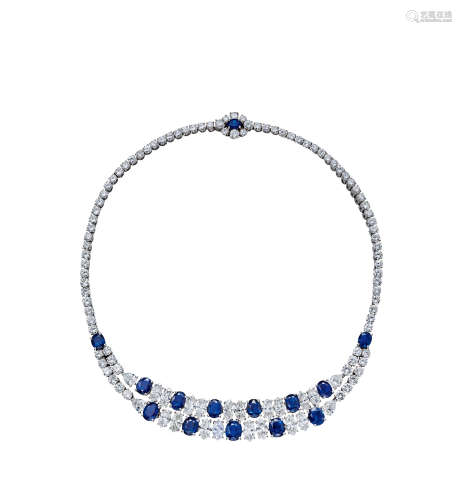 卡地亚设计 蓝宝石配钻石项链