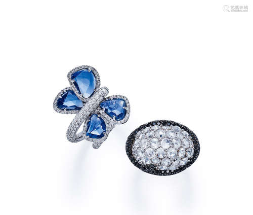 蓝宝石配钻石戒指 （一组两件）