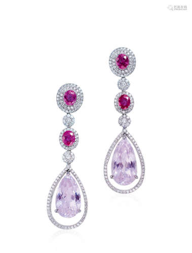 紫锂辉石配红宝石及钻石耳环