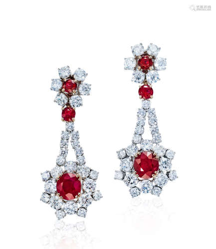 3.88及3.72克拉缅甸「鸽血红」红宝石配钻石耳环，未经加热