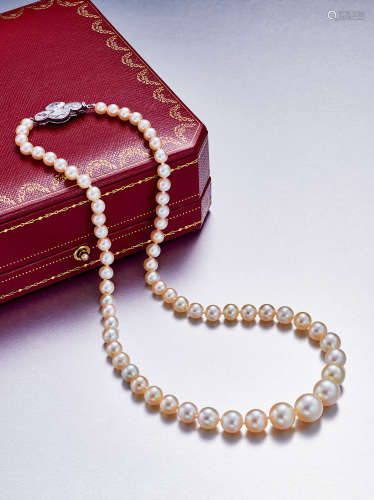 卡地亚设计 天然珍珠配钻石项链