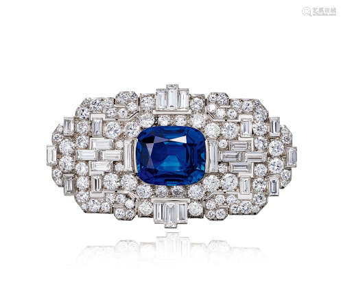 宝格丽设计 装饰艺术时期，30.30克拉斯里兰卡蓝宝石配钻石胸针/挂坠，未经加热