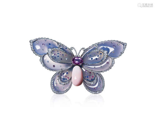 海螺珠配钻石、蓝宝石及玉髓「蝴蝶」胸针