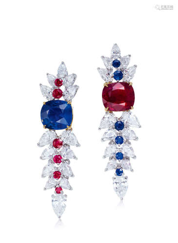 2.16克拉缅甸「鸽血红」红宝石及2.16克拉缅甸「皇家蓝」蓝宝石配钻石耳环，未经加热