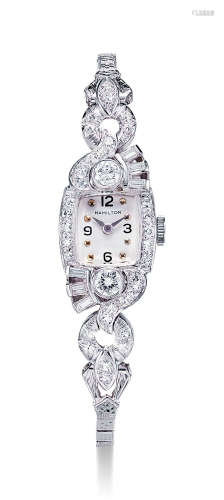 汉密尔顿 精致罕有，女装铂金镶钻石机械链带腕表，年份约1970s