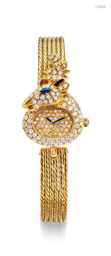 尊达 独特精美，黄金镶钻石鹿形机械链带腕表，年份约2000