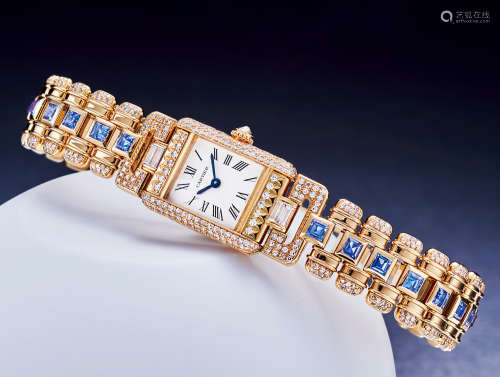 卡地亚 精美，女装黄金镶钻石及蓝宝石方形链带腕表，年份约2012