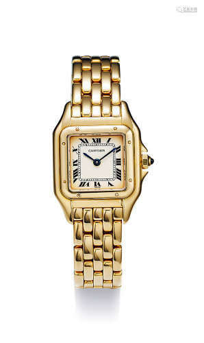 卡地亚 精美，女装黄金镶蓝宝石正方形链带腕表，年份约2010