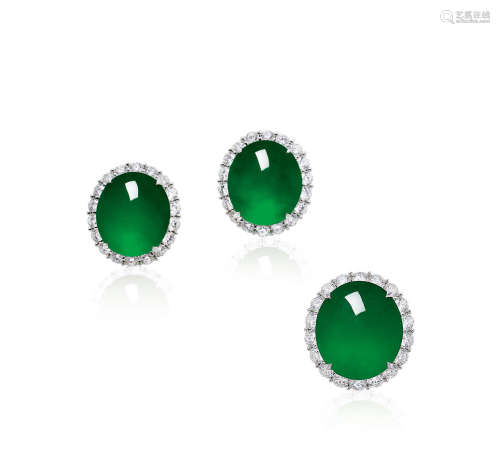 缅甸天然「帝王绿」翡翠蛋面配钻石耳环及戒指