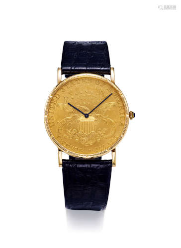 昆仑 独特精美，黄金二十美元金币机械腕表，年份约1970，附原厂表盒