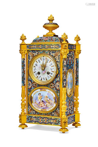 非常精美珍贵，法国制洛可可风铜镀金珐琅座钟，年份约1860，附原厂表盒