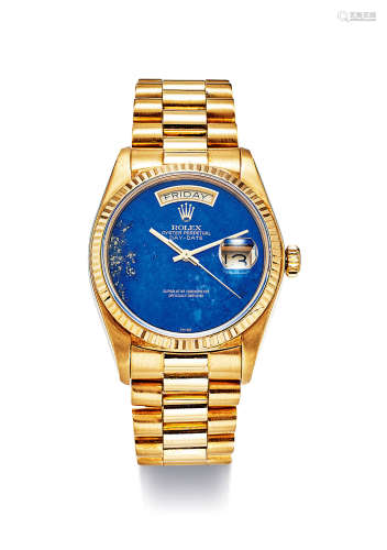 劳力士 非常精美，黄金自动链带腕表，备青金石表盘、星期及日期显示，「DAY-DATE」，型号18238，年份约1993