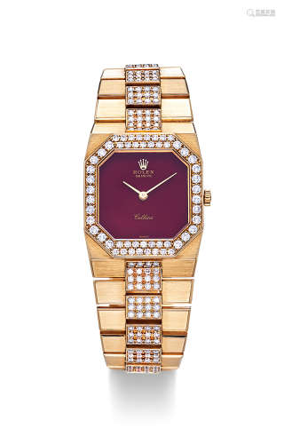 劳力士 特别精美，黄金镶钻石方形机械链带腕表，年份约1975