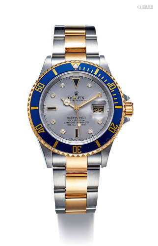 劳力士 精美，黄金及精钢自动链带腕表，备日期显示及中心秒针，「Submariner Date」，型号16613 8D3S，年份约1999