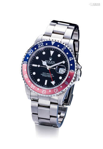 劳力士 精美，精钢自动链带腕表，备PEPSI红蓝圈，日期显示及中心秒针，「GMT-Master」，型号16700，年份约1997