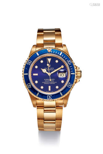 劳力士 精美，黄金自动链带腕表，备日期显示及中心秒针，「Submariner Date」，型号16618，年份约1990