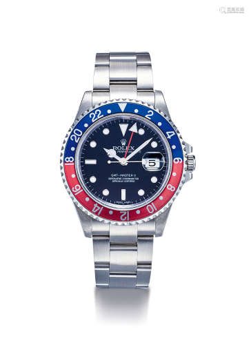 劳力士 精美，精钢自动链带腕表，备Pepsi红蓝圈、日期显示及中心秒针，「GMT-Master II」，型号16710，年份约2005，附原厂证书